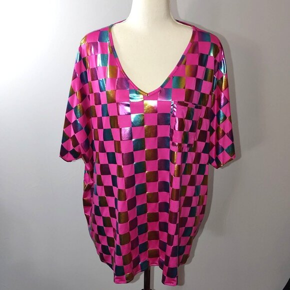 Metallic Checkerboard V-Neck Top With Pocket Pink/Multicolor Jodifl- Size: Small - Picture 1 of 6